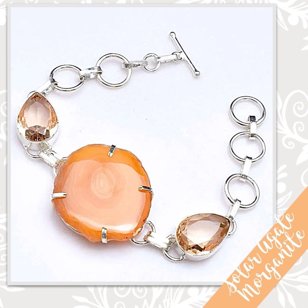 Solar Agate, Morganite Artisan Bracelet, Adjustable (Yellow-Orange, Peach)